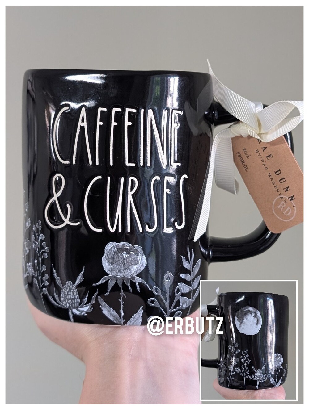 Rae Dunn CAFFEINE & CURSES Moon & Floral Halloween Mug 🌕🌸